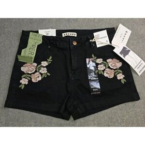 Encore Mid Rise Flower Embroidered Denim Black Jean Shorts Size 9 NEW